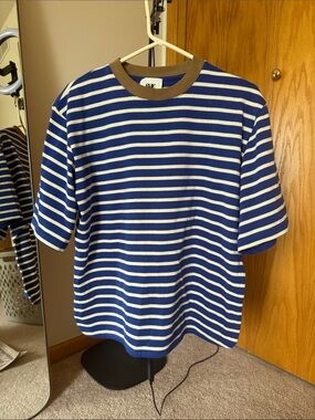 RAE Blue and Cream Striped Short Sleeve Tee with Brown Trim